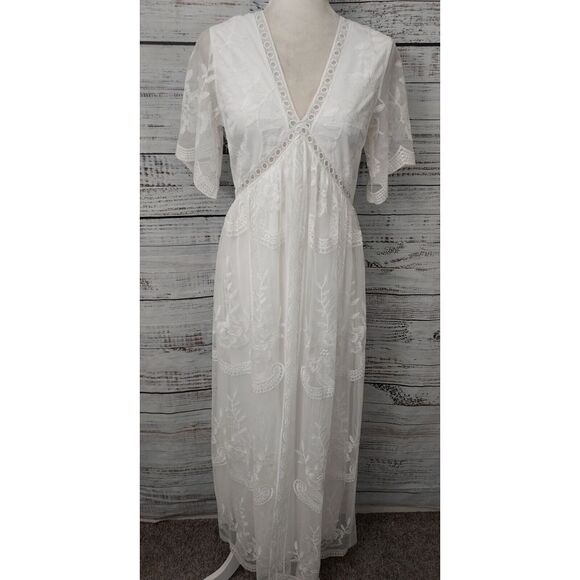 Pink Blush Maternity Dress Small White Photo Shoot Wedding Lace Overlay‎ Maxi - Picture 1 of 14